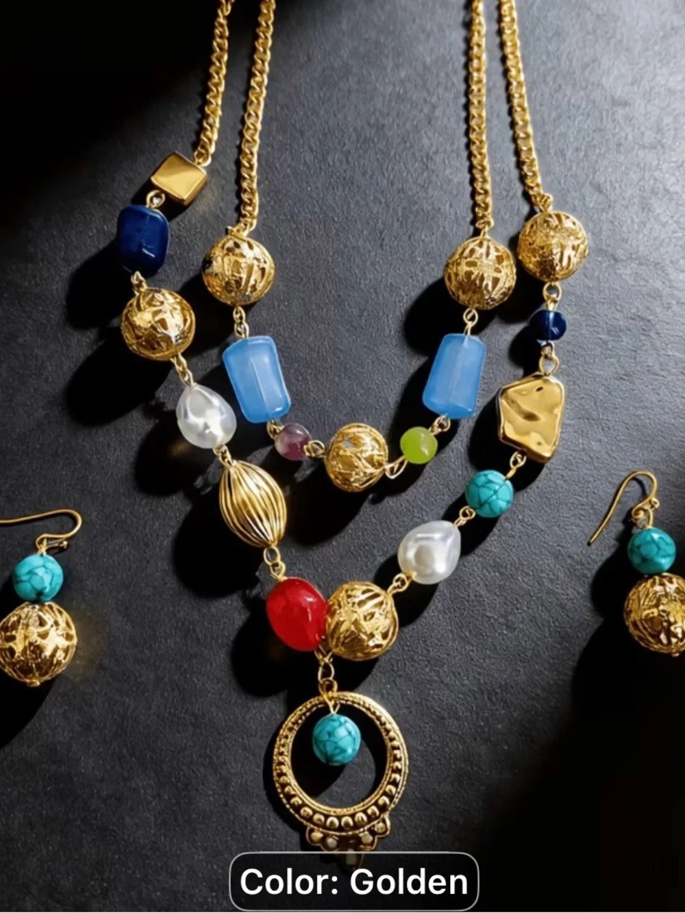 3pcs vintage Bohemian Multi-Color Beaded double layer Necklace Earring Set